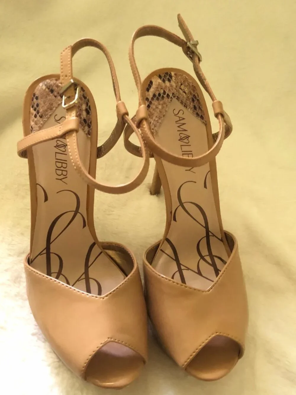 Sam & Libby Nude Patent Peep-Toe Platform Stiletto Heels US 9.5